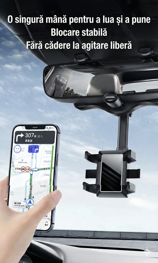 Suport Auto Universal pentru Telefon cu Prindere pe Oglinda Retrovizoare