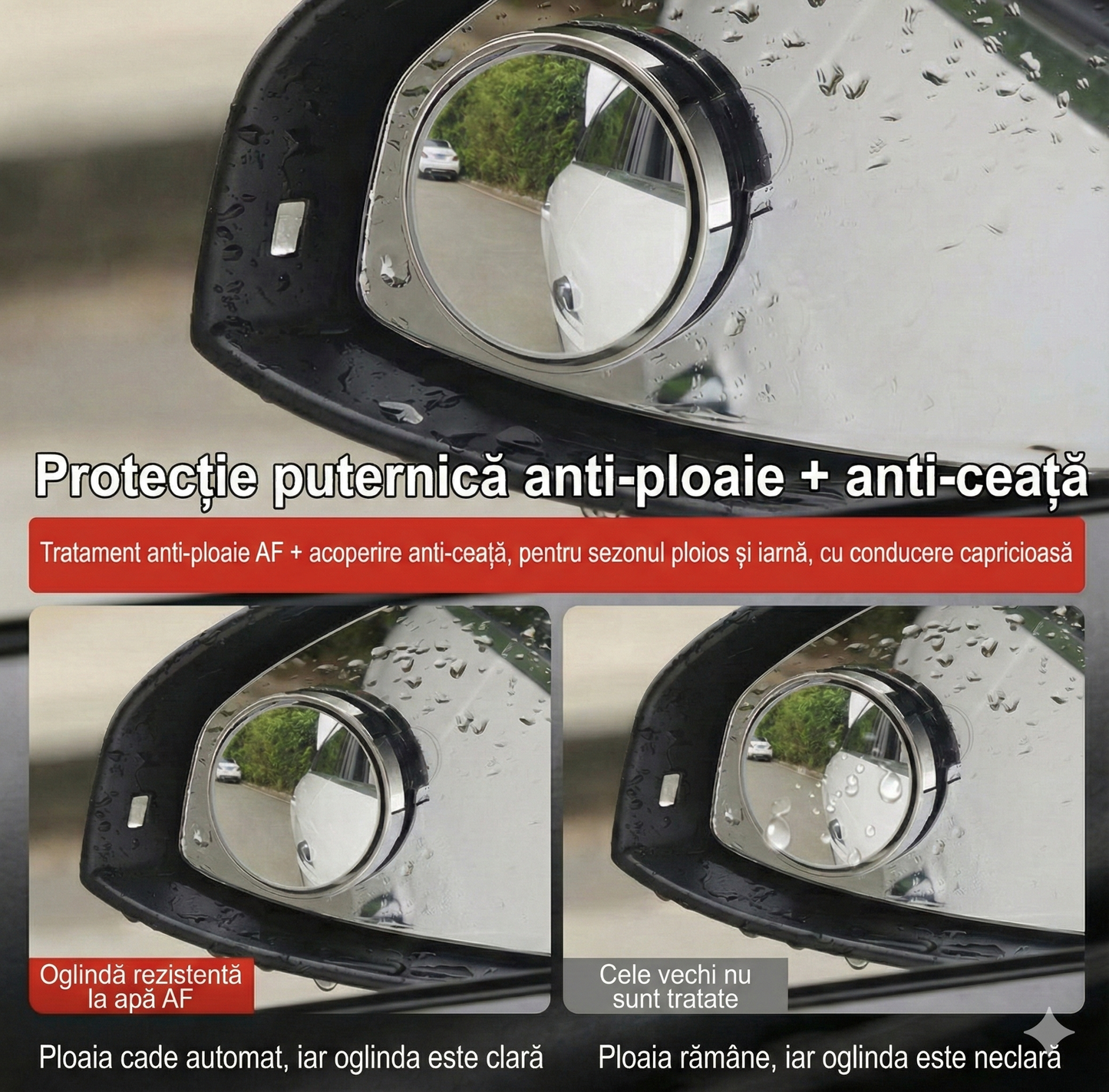 Set 2 Oglinzi Auto pentru Unghi Mort - Reglabile 360°, HD, Anti-Ploaie și Anti-Aburire (Fixare cu Ventuză)